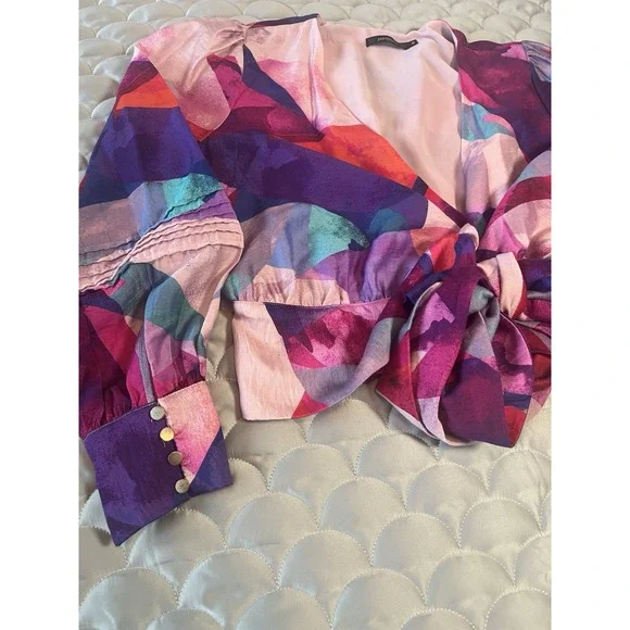 Portmans Blouse Womens 8 Navy Blue Pink Floral Wrap Waist Tie Balloon Sleeve - Picture 3 of 8